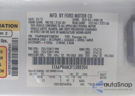 2015 Ford Mustang V6 из США, поврежденный, VIN 1FA6P8AM3F5388204